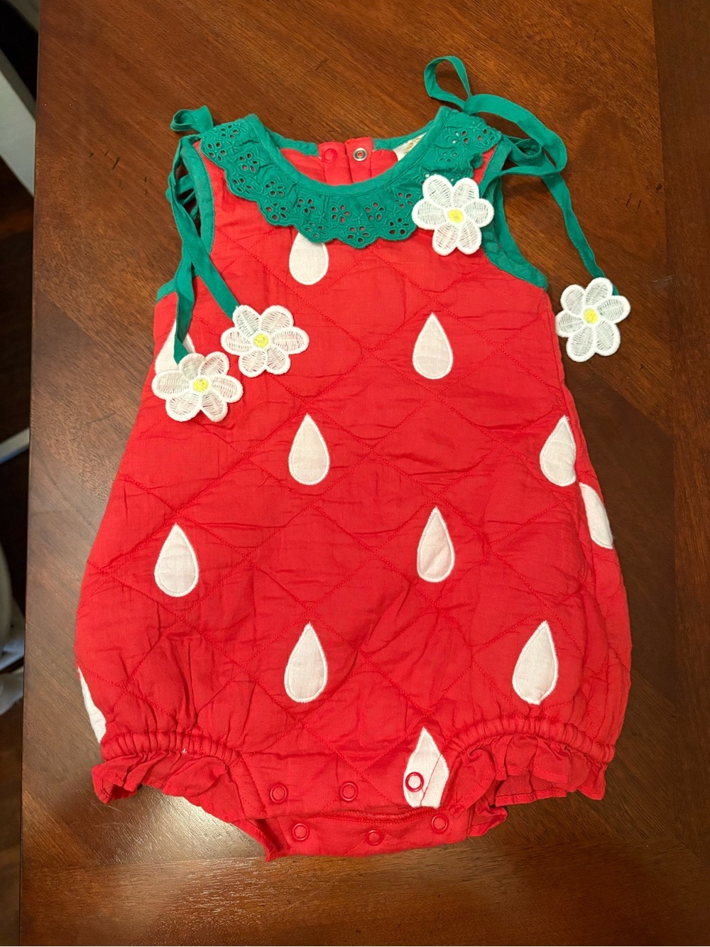 The Beaufort Bonnet Company Red Strawberry Bubble Romper with Green Trim size 6m